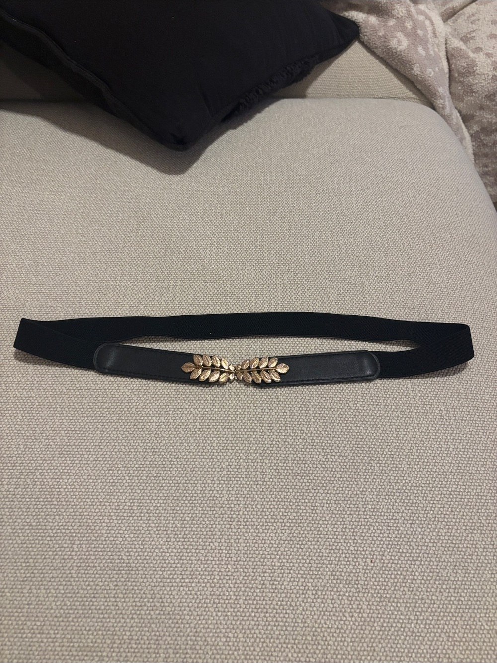 Anthropologie Black Elastic Belt with Gold Leaf Cluster